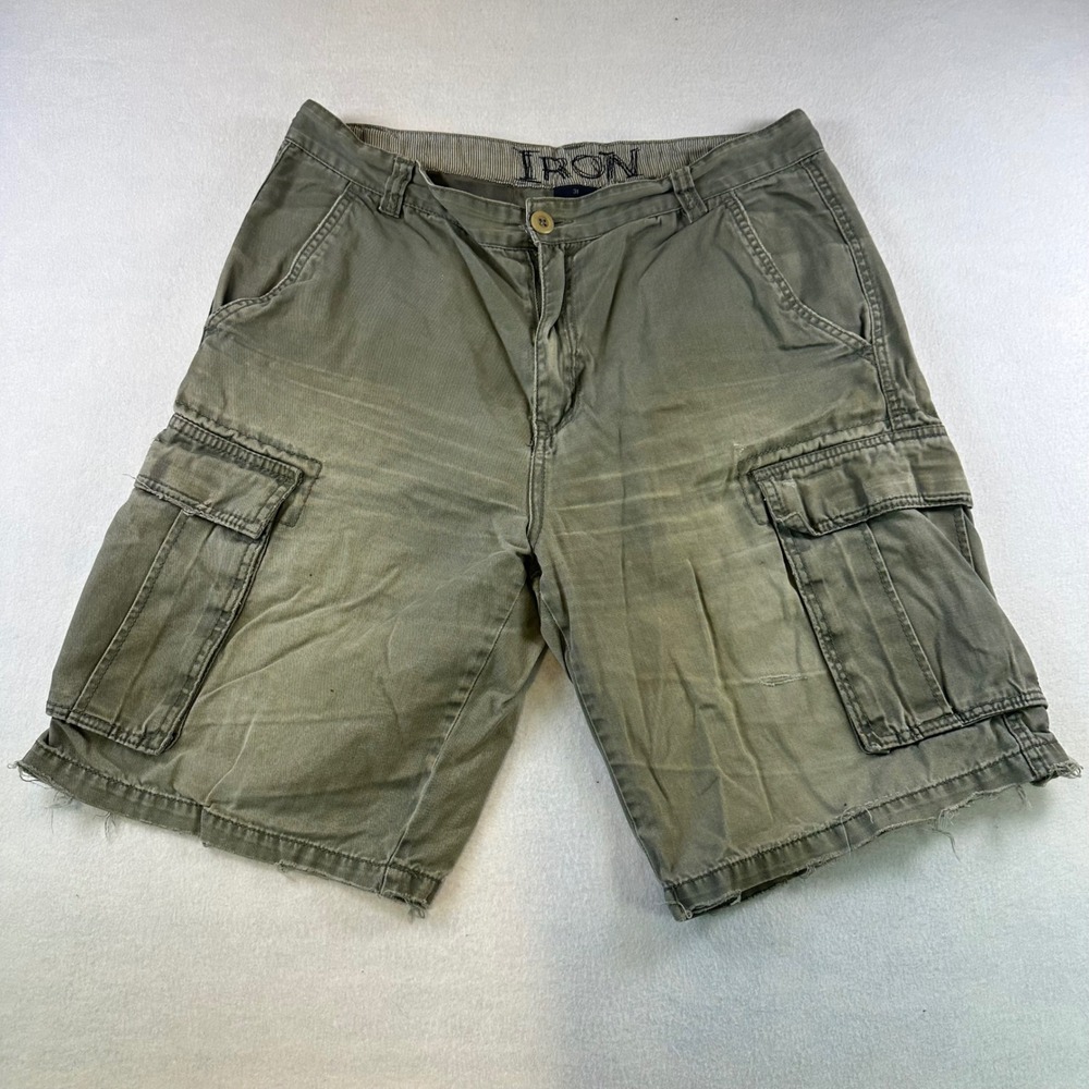 Iron Mens Cargo Shorts Olive Green Distressed Frayed Hem Cotton Size 31